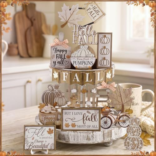 Shellwei 20 Pcs Thanksgiving Tiered Tray Decor Set, Neutral Autumn Sign - Image 4