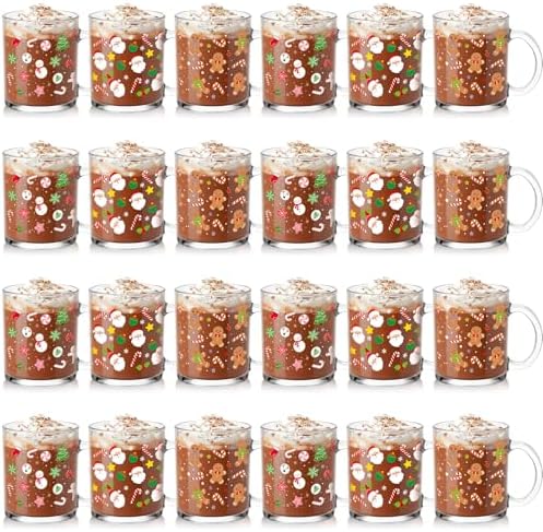 Vesici 24 Set Christmas Glass Mugs Set, 12oz Coffee Cups with Handles by Vesici