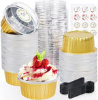60Pcs Mini Cheesecake Containers, ZOXILEN 5oz 125ml Disposable Aluminum Foil Mini Baking Cups with Lids Spoons, Round Individual Small Cake pans Cupcake liners for Party Gold by ZOXILEN
