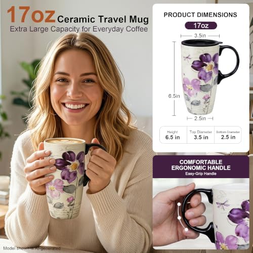 Topadorn 17oz Ceramic Travel Mug with Lid, Tall Purple Floral Coffee Mug - Image 2