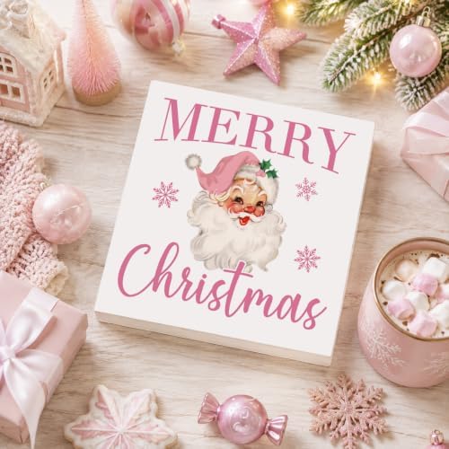 Pink Christmas Decor, Vintage Christmas Decorations Indoor, Snowflake Santa Claus Sign Gift for Women Friends, Rustic Farmhouse Wooden Box Sign for Home Office Bedroom Desk Decor 5x5 Inches - Image 4