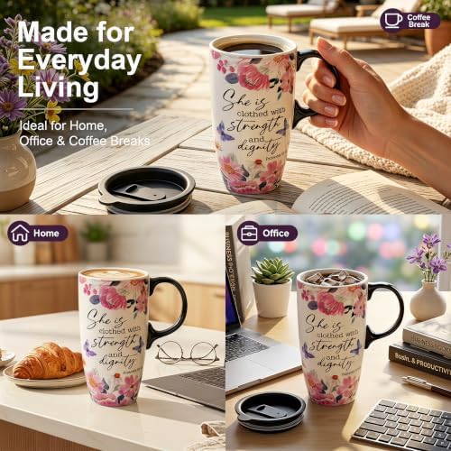 Topadorn 17oz Ceramic Travel Mugs Set of 2 with Lids, Floral Designs - Image 6