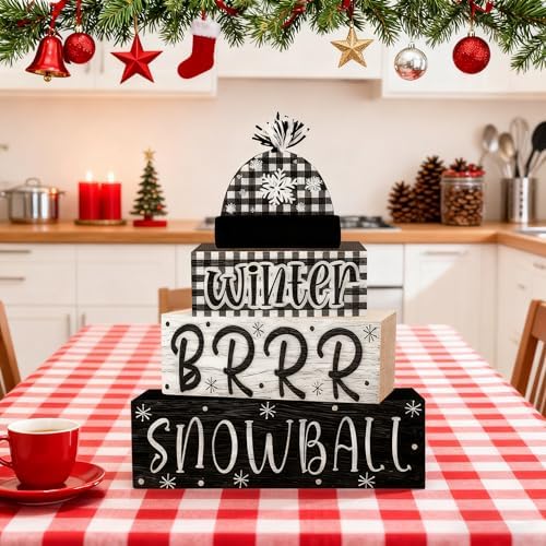 4 Pcs Christmas Decorations Indoor - Wooden Snowball Table Decoration for Home - Christmas Centerpiece For Table - Winter Tiered Tray Decor Rustic Farmhouse Xmas Gift for Home Kitchen Mantel - Image 7