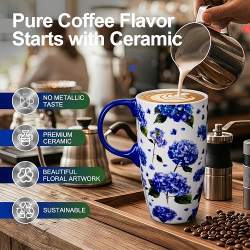 Topadorn 17oz Ceramic Travel Mug with Lid, Blue Hydrangea Floral Coffee Mug - Image 2