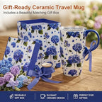 Topadorn 17oz Ceramic Travel Mug with Lid, Blue Hydrangea Floral Coffee Mug - Image 4