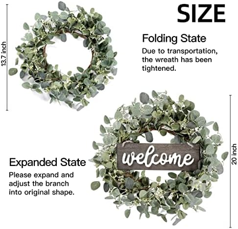 Sggvecsy Green Eucalyptus Leaf Wreath with Welcome Sign 20in Artificial Eucalyptus Wreath Spring Summer Wreath for Front Door Wall Window Farmhouse Festival Porch Patio Garden Decor - Image 5