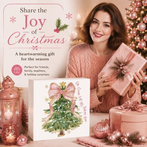 Pink Christmas Decor, Christmas Decorations Indoor, Glitter Coquette Bow Xmas Tree Sign Gift for Women Friends, Rustic Farmhouse Wooden Box Sign for Home Office Bedroom Desk Decor 5x5 Inches - Image 6