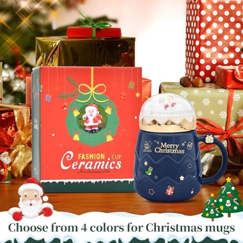17.6 oz Christmas Mug with Winter Snow Globes Lid Decorations, Large Cute Festive Ceramic Coffee Cup, Winter Xmas Birthday Tabletop Drinkware Teacup Gifts for Adults Kids Men Women (Dark Blue) - Image 3