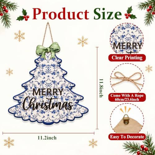 Chinoiserie Christmas Decorations Blue Floral Christmas Tree Wooden Sign - Image 3