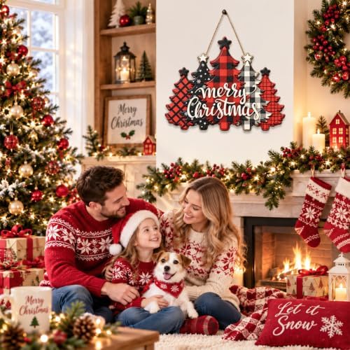 Christmas Decorations Buffalo Plaid Christmas Tree Hanging Wooden Sign - Image 5