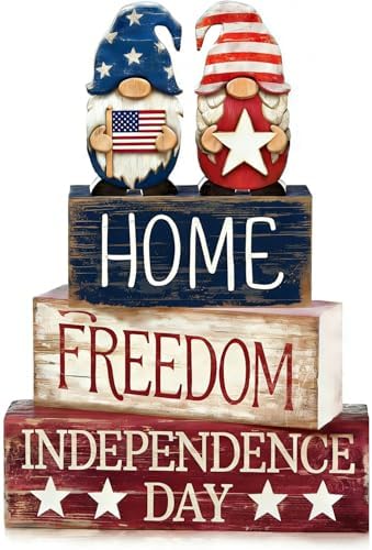 4th of July Table Decorations Patriotic Memorial Day Tiered Tray Decor Wooden Gnome Block Signs Independence Farmhouse 250th July Fouth Centerpiece for Tables Wooden Sign for Home Decor by CMZLUMINESTHome