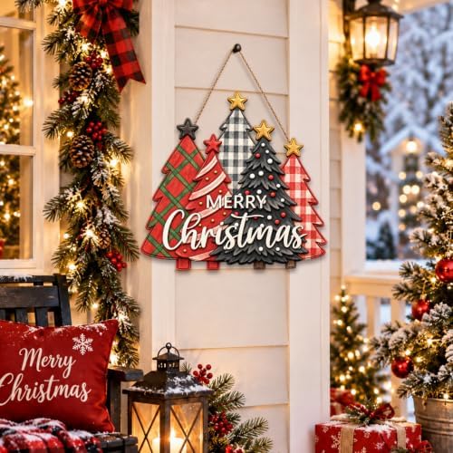 Christmas Decorations Buffalo Plaid Christmas Tree Wooden Hanging Sign - Image 4
