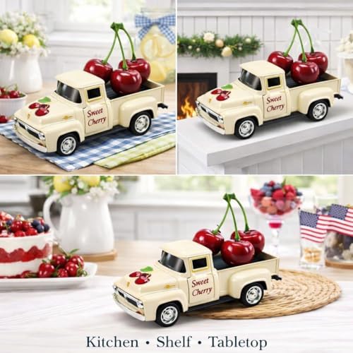 Cherry Truck Decor, Vintage Cream Pickup Truck with Cherry Arrangement, Rustic Farmhouse Summer Tiered Tray Decor, Kitchen Table Centerpiece, Home Office Shelf Decorations - Image 7