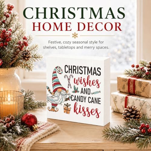Christmas Wishes and Candy Cane Kisses Sign, Gnome Wood Box Shelf Decor - Image 2