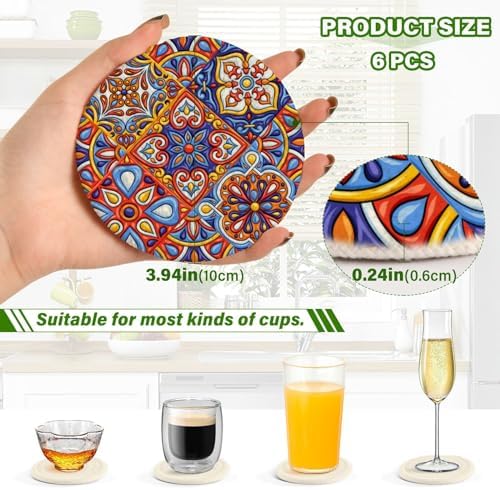 YETTASBIN Mexican Talavera 6 Pcs Drink Coasters with Holder, Cotton Woven Absorbent Heat-Resistant Round Coaster Non-Slip Table Mat for Kitchen Bar Home Decor Housewarming Gift, 3.9 in - Image 3