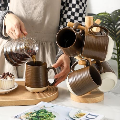 HASENSE Porcelain Coffee Mugs Set of 6, 15 Ounce Large Ceramic Coffee Cups Set with Handle for Latte, Tea, Cocoa and Hot Chocolate, Brown Coffee Mugs for Men and Women, Microwave Safe - Image 4