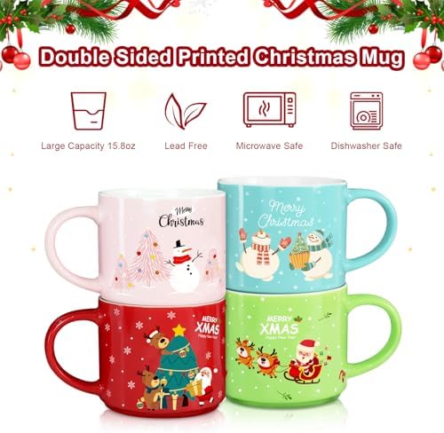 Mulbozy Set of 4 Stackable Christmas Mugs, 15.8 Oz Christmas Coffee Mug with Stand, Christmas Holiday Hot Cocoa Mugs for Mom Family Colleagues Friend & Farmhouse Cocoa Tray Decor - Image 3