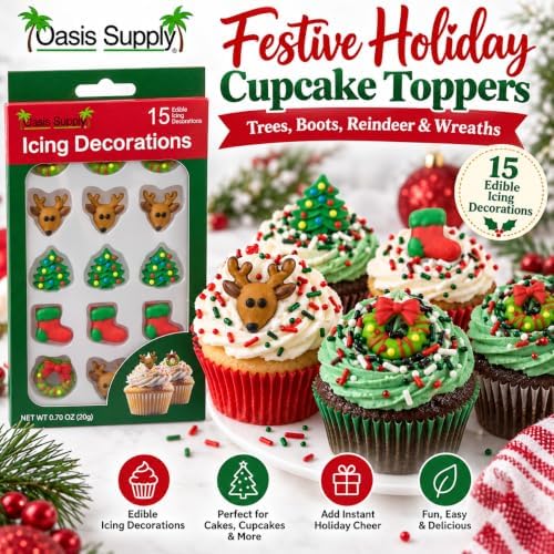 Oasis Supply Christmas Edible Cake Decorations, 15 Count – Holiday Candy Cupcake Toppers with Trees, Boots, Reindeer & Wreaths for Cakes, Cupcakes, Cookies & Desserts - Image 2