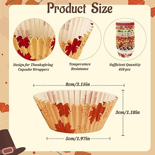 SANNIX 450pcs Thanksgiving Cupcake Liners, Turkey Maple Leaf Gnome 9 Design - Image 3