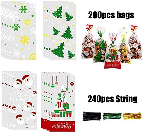 LOKIPA 200 Pcs Christmas Cellophane Treat Bags, Xmas Clear Cello Gift Bags Candy Goodies Bags with Twist Ties for Christmas Party Supplies - Image 2