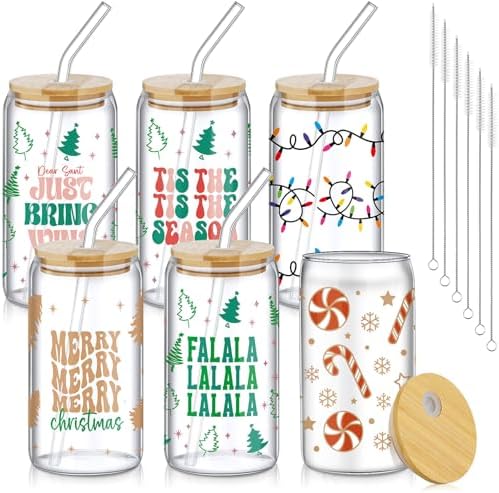 SiliFine 6 Pcs Christmas Glass Cups, 16 oz with Lids and Straws by SiliFine