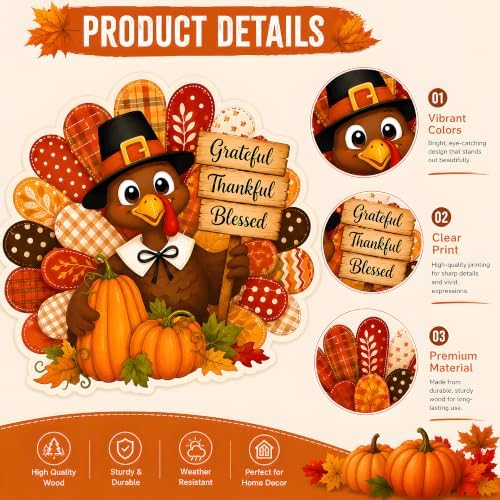 Thanksgiving Decorations - Turkey Pumpkin Wooden Sign for Front Door - Image 4
