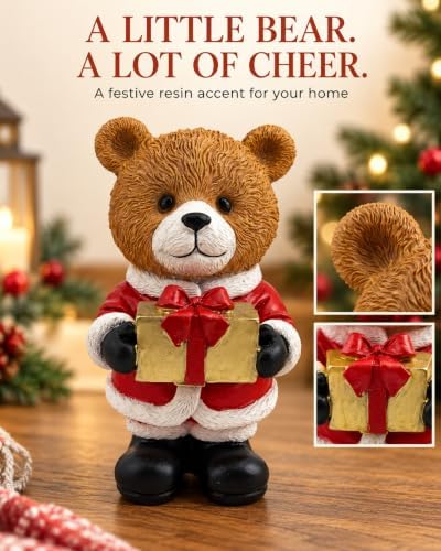Christmas Teddy Bear Resin Figurine with Gold Present 5.1'' Holiday Decor - Image 4