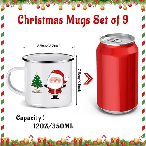 Christmas Enamel Mug Set of 9, 12 oz Hot Cocoa Mini Coffee Mugs Bulk, Novelty Holiday Set, Stocking Stuffer Gift for Kids, Women, Friends, Coworkers, Family - Image 2