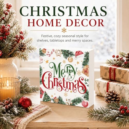 Merry Christmas Wood Box Sign, Colorful Holiday Decor for Tabletop Shelf - Image 2