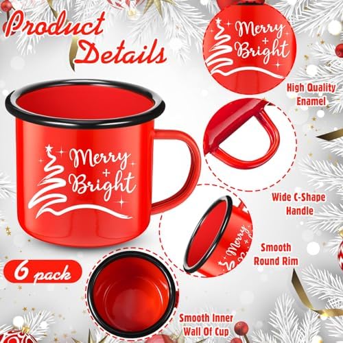 Yaomiao 6 Pack Christmas Enamel Mugs 12 Oz Cups,Merry Bright,Red - Image 2