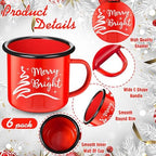 Yaomiao 6 Pack Christmas Enamel Mugs 12 Oz Cups,Merry Bright,Red - Image 2