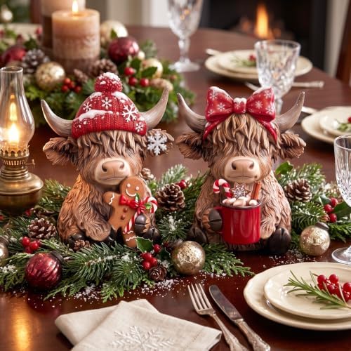 2 Pcs Christmas Highland Cow Figurines, Resin Christmas Decor - Image 6