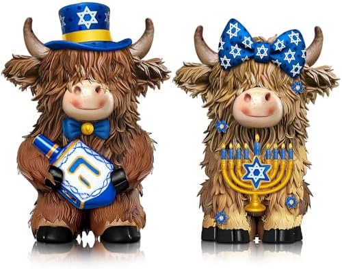 2 Pcs Hanukkah Highland Cow Figurines Decor, Blue Hanukkah Style by Burbell