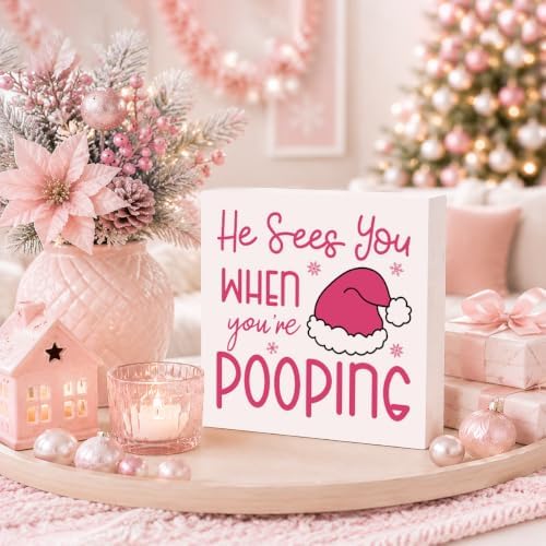 Pink Christmas Bathroom Decor, Funny Santa Hat Christmas Wooden Box Sign - Image 3