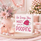 Pink Christmas Bathroom Decor, Funny Santa Hat Christmas Wooden Box Sign - Image 3