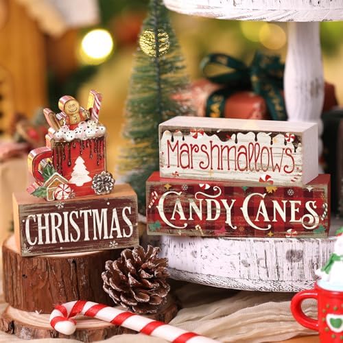 Moucuny 4 Pcs Christmas Hot Cocoa Table Decorations Wooden Xmas Block Signs - Image 4