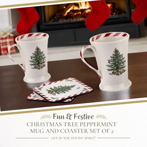 Spode Pimpernel Christmas Tree Peppermint Mugs & Coasters Set - Set of 4 - Image 2