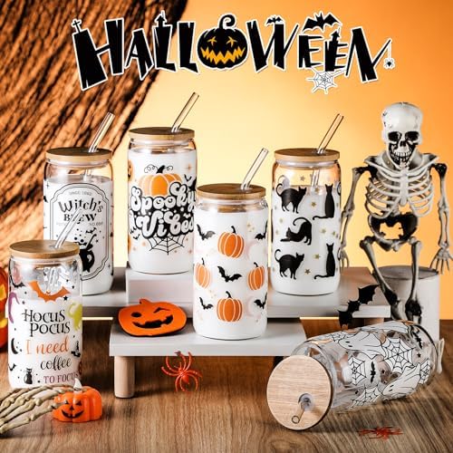 SiliFine 6 Pcs Halloween Glass Cups, 16 oz with Lids and Straws - Image 2