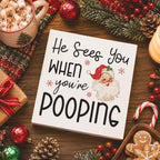Christmas Bathroom Decor, Funny Vintage Christmas Decorations, Santa Claus Bathroom Table Decoration He Sees You When You're Pooping Wooden Box Sign, Home Shelf Desk Decor for Toilet 5x5 Inches - Image 4