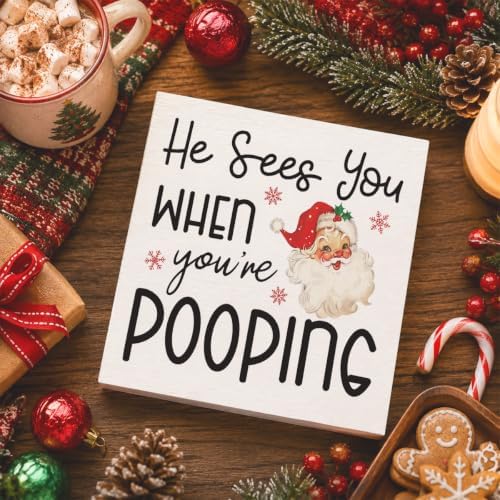 Christmas Bathroom Decor, Funny Vintage Christmas Decorations, Santa Claus Bathroom Table Decoration He Sees You When You're Pooping Wooden Box Sign, Home Shelf Desk Decor for Toilet 5x5 Inches - Image 4