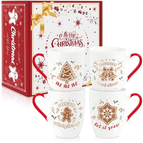 Christmas Coffee Mug Set of 4, 12 oz Gingerbread Man Coffee Mug with Handle, Hot Cocoa Ceramic Mugs with Gift Box for Mom Woman Family Friends Colleagues by LIKAJON