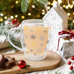 JarThenaAMCS Christmas Double Wall Glass Coffee Mugs 12Oz Gold Silver Snowflake Insulated Glasses Clear Espresso Cups with Handle for Winter Xmas Holiday Supplies, Set of 2 - Image 5
