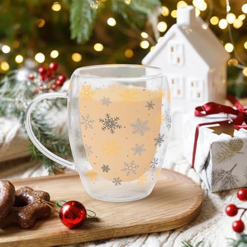 JarThenaAMCS Christmas Double Wall Glass Coffee Mugs 12Oz Gold Silver Snowflake Insulated Glasses Clear Espresso Cups with Handle for Winter Xmas Holiday Supplies, Set of 2 - Image 5