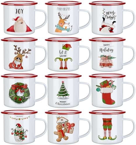 CHENGU 12 Pack Christmas Enamel Mugs 12 oz Coffee Cups, Classic Style by CHENGU