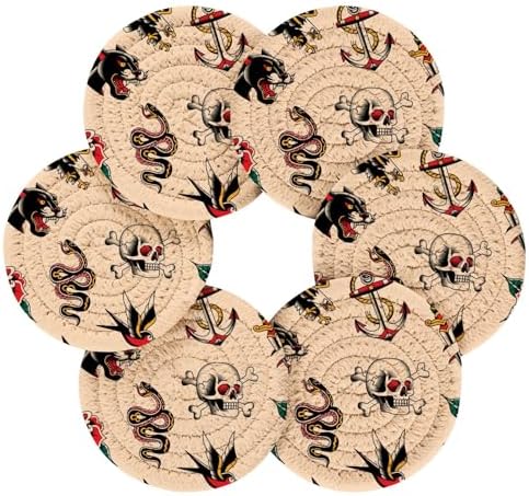 YETTASBIN Old School Tattoo 6 Pcs Drink Coasters with Holder, Cotton Woven Absorbent Heat-Resistant Round Coaster Non-Slip Table Mat for Kitchen Bar Home Decor Housewarming Gift, 3.9 in - Image 2