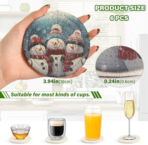 YETTASBIN Christmas Snowman 6 Pcs Drink Coasters with Holder, Cotton Woven Absorbent Heat-Resistant Round Coaster Set Tabletop Protector for Kitchen Bar Home Decor Housewarming Gift, 3.9 in - Image 3