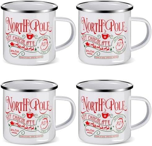 Christmas Enamel Mug Set of 4, 12 oz North Pole Hot Chocolate Mug Christmas Coffee Mugs Funny Novelty Holiday Mugs Stocking Stuffer Gift for Kids Women Friends Coworkers Family by NatNarr