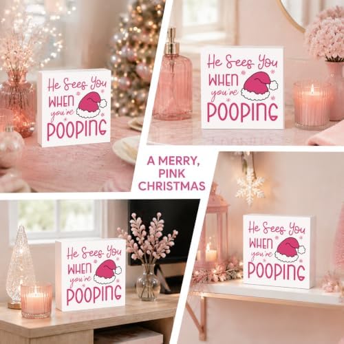Pink Christmas Bathroom Decor, Funny Santa Hat Christmas Wooden Box Sign - Image 5