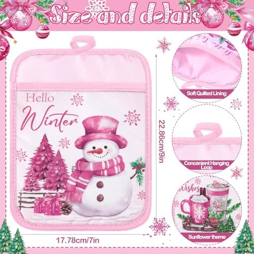 Jingmore 12 Pcs Pink Christmas Pot Holders with Pocket Hello Winter Snowflake Pot Holders Gift Bulk Snowman Gnome Heat Resistant Hot Pads Oven Mitts Cute Oven Gloves for Xmas Kitchen Baking Cooking - Image 4