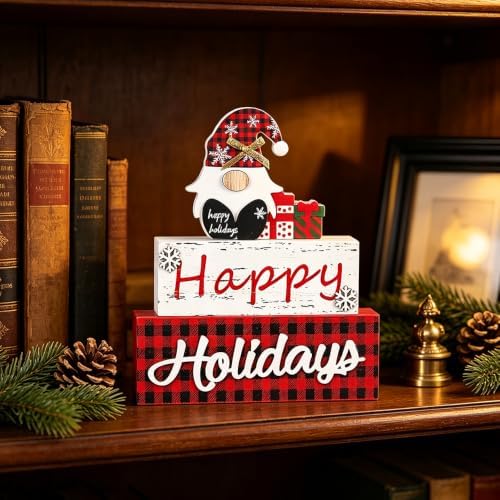MEETYAMOR Christmas Decor, Large Size 3-Layered Gnome Wood Block with Happy Holidays Sign Christmas Table Decor, Farmhouse Rustic Xmas Decorations Indoor for Home, Mantle, Shelf, Living Room - Image 5